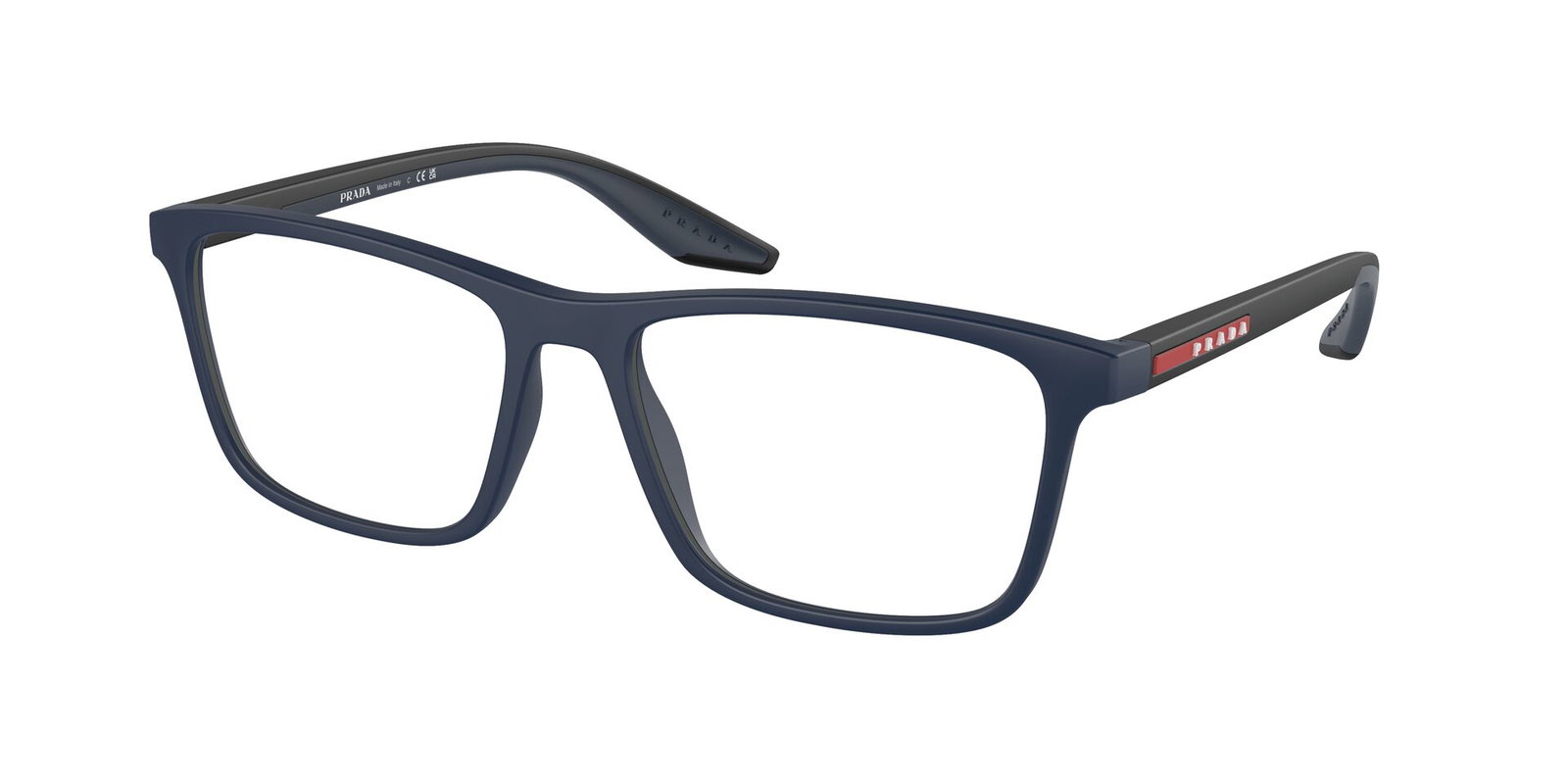 Das Bild zeigt die Prada Linea Rossa Fassung PS01QV  TFY1O1 leicht seitlich.